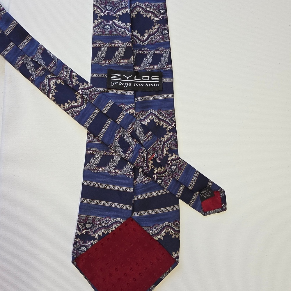 Zylos George Machado Mens Navy Blue Silk Geometric Feather Print Tie Italy - Picture 3 of 3